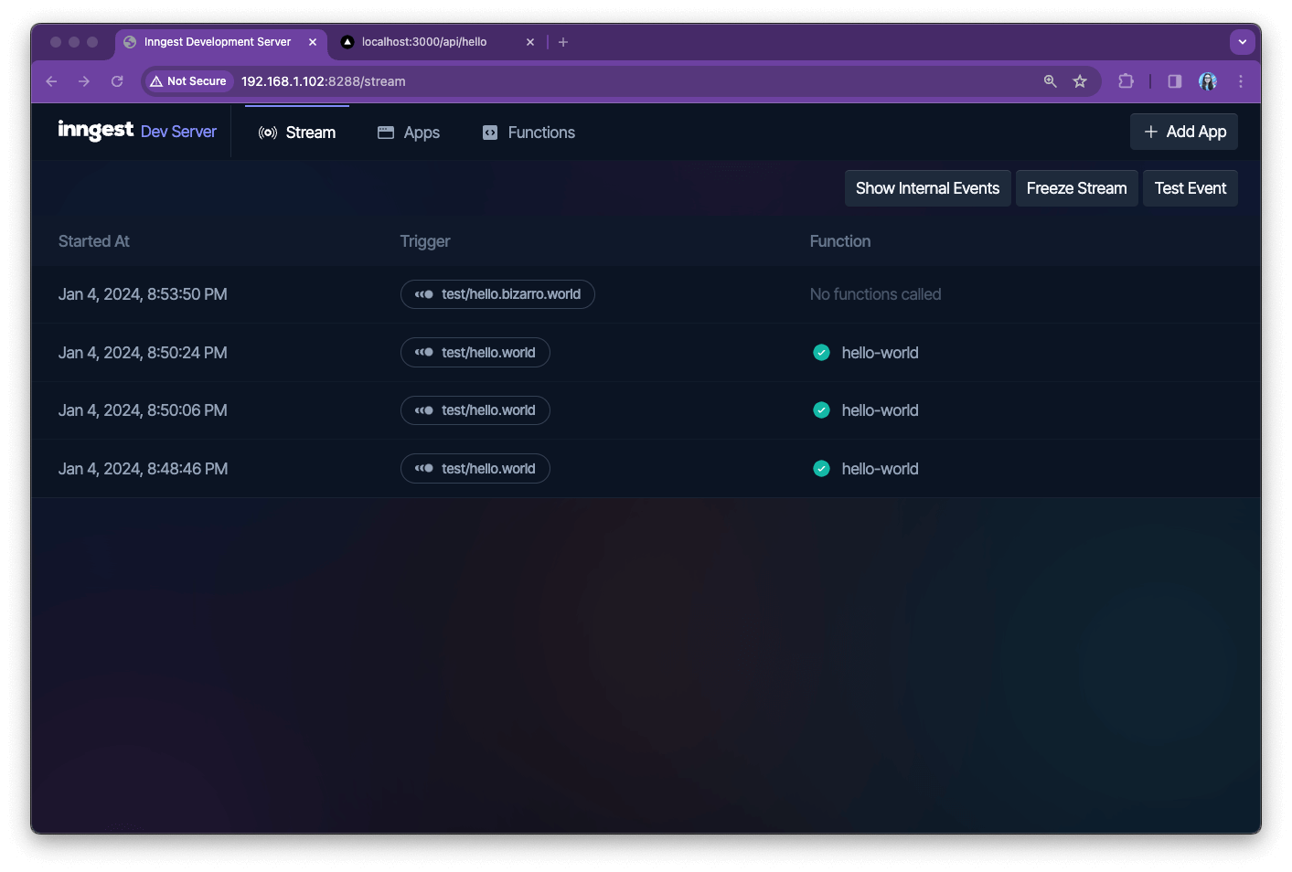 Inngest Dev Server screen with four events recorded, last one being 'test/hello.bizarro.world' with no functions called